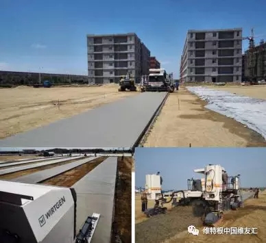 上：攤鋪完的廠房地坪混凝土板；下左：安裝在機(jī)身后部伸長臂上的超級抹平器，對混凝土表面進(jìn)行進(jìn)一步修復(fù)和處理；下右：一臺 SP 25 滑模攤鋪機(jī)即可整合所有傳統(tǒng)施工步驟，實現(xiàn)同步一體化作業(yè)